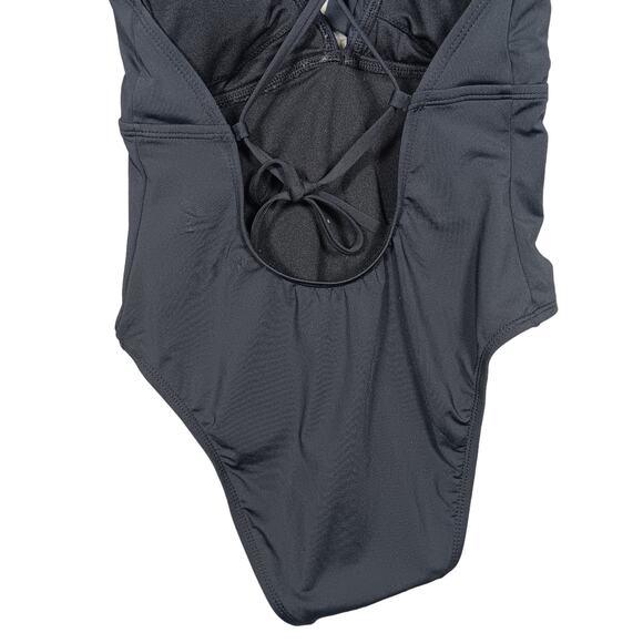 Black One Piece Bathing Suit Size Large Flared V Neckline Criss Cross Back - Picture 5 of 5